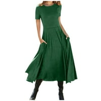 Дамски рокли кръгло деколте в средна дължина небрежна а-линия солидна къса ръкав лятна рокля зелено m