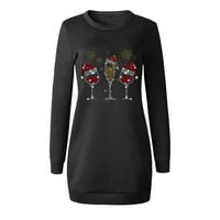 Дамски Коледни чаши печат Пуловери Дълъг ръкав екипаж лека миди пуловер рокля Дамски ежедневни черни м