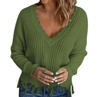 Женски пуловер есен и зима хлабав небрежен V шик ресни твърд цвят плетен пуловер пуловер
