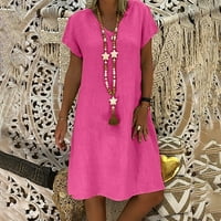 Летни рокли за женски рокли с къс ръкав мини бохо рокли солидни рокли плажни ваканционни рокли Подаръци на хлабина горещо розово 2xl