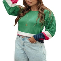 Jullcc женски кръгла шия с дълъг ръкав контраст плетен пуловер