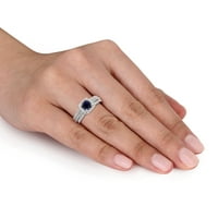 Миабела Дамски карат Т. Г. В. възглавница-нарязани създаден син сапфир и кръгла изрязани създаден бял сапфир стерлинги Сребърен сватбен пръстен комплект