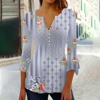 Ризи за копче за жени флорална печатна туника летни върхове облечени ежедневни звъни три четвърти V Врат пролетни блузи