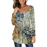Жени ежедневни тениски отпечатани дълги ръкави кръгла шия руч бутон пуловер върхове плюс размери блузи риза облечени за есен