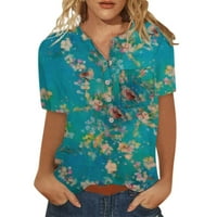 Fnochy женски блузи големи размери къси ръкав лятен ежедневен тениски бутон кръг на върховете на врата на шията