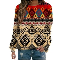 Таймегард жените Ретро Етнически отпечатани пуловер дълъг ръкав блуза кръг врата ежедневни върхове пуловери, червено, л