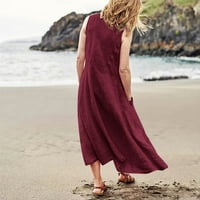 Женска модна ежедневна масивна цветна памучна джобна рокля за спално бельо, вино, XL