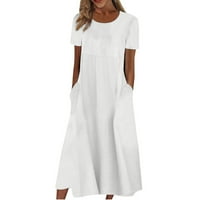 Постоянни летни рокли Женски късо ръкав свободна дълга макси салон рокля с джобове бяло 3xl