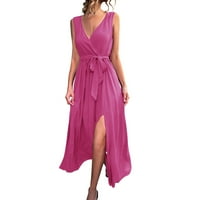 Женски рокли V-образни отпечатани макси глезени Дължина Лятна рокля без ръкави горещо розово xl