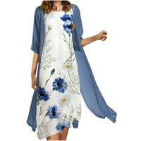 Пенкий Мода жени ежедневни флорални твърди обло деколте рокля без ръкави печат палто от две части комплект летни ежедневни хл синьо в продажба