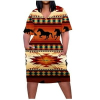 Komiseup плюс размер етнически стил рокля за жени ежедневни къси ръкави v шия африкански етнически стил летни рокли с джобове