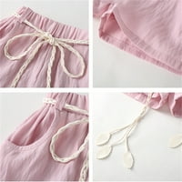 Бебешки момиченце лято розов плътно цветен печат небрежно късо с плетено колан лист форма за години