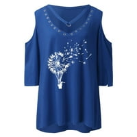 Тениски на Voncos за жени Свежи тенденции- Женски v Врат Половин ръкав от раменната туника Блуза Лятна къси ръкави Пуловер Топ тениска Синя 14