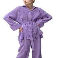 Дамска пижама поставя бутон с дълъг ръкав надолу с ревера с колана с дълги широки панталони за крака памучен салон комплекти шезлонги