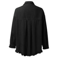 Женски якета с шакети за небрежни солидни пайети за деним за сплитане на яка с разхлабени бутони риза блуза отгоре