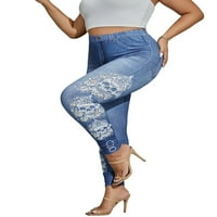 Colisha жени с висока талия Fau Jean Pants плюс размер панталон имитация на дънкови панталони Кльощав разтягане на талията Jeggings Blue Floral 5xl