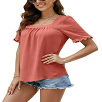 Капризи жени тениска квадратна шия летни върхове с къс ръкав тениска ежедневна пуловер плътна цвят тий червен xl