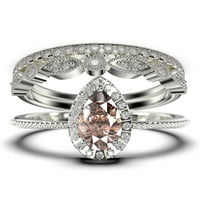 Art Deco 2. Карат винтидж круша реже морганит и диамантен мойсанит годежен пръстен, сватбен пръстен в 10k плътно бяло злато, подарък за нейния комплект за обещание за пръ?