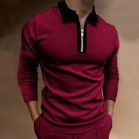 Мъжки ризи за пуловер плюс размер плътно цвят с дълъг ръкав с цип от яка топ блуза от свободното време стилно есен зимни удобни тениски вино xxxl