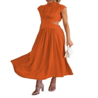 Дамски летни рокли стойка яка без ръкави за изрезка на талия A-Line рокля разцъфтяване на плътна макси коктейлна рокля