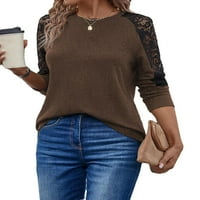 Небрежен цветен блок кръгла шия с дълъг ръкав кафе кафяви женски тениски