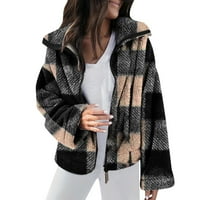 Женските якета с дълъг ръкав цип нагоре ревера топло карирано палто от пухкаво яке