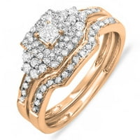Колекция DazzlingRock 0. Карат 14K Princess & Round Diamond Ladies Bridal Enganger Ring Set със съвпадаща лента CT, розово злато, размер 5